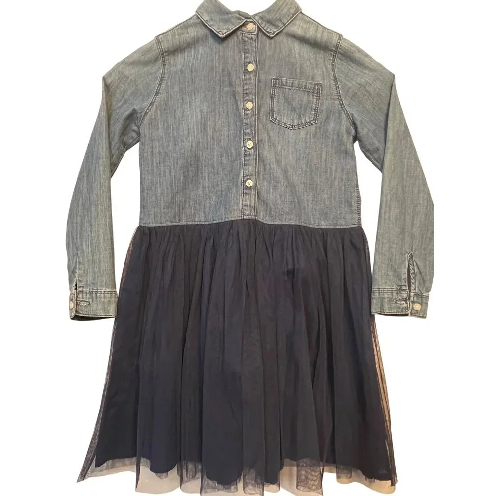 OshKosh Bgosh Girls Denim & Tulle Dress Size 8/8A Button-Front Knee